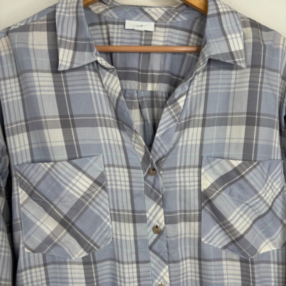 J Jill Plaid Top 2X Purple Button Up Roll Tab Minimalist Preppy Neutral Spring - Picture 3 of 10